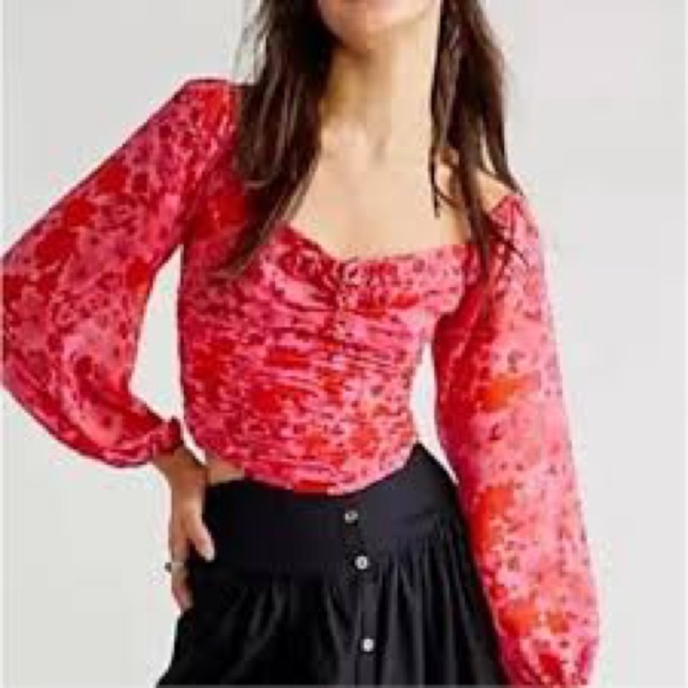 Free People Oh Lala Floral Rosette Crop Top Pink Red Y2K 90’s Valentine’s Shirt
